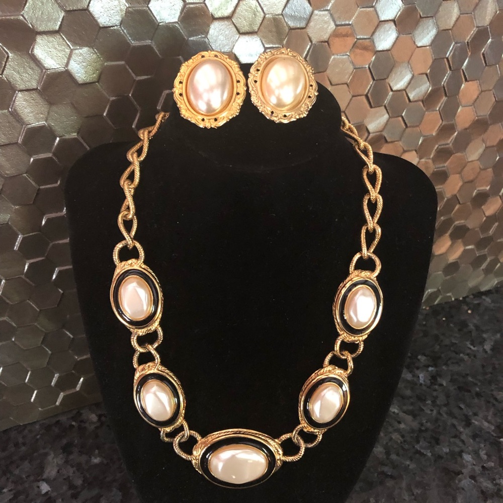 Gold Tone Faux Pearl Finish Necklace and Earrings